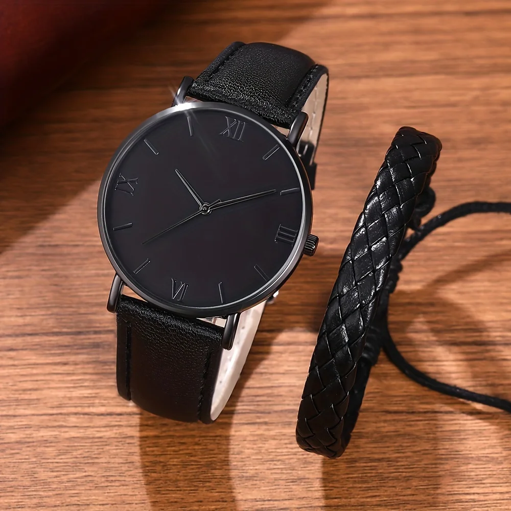 2pcs/set, Men's Black PU Strap Simple Casual Quartz Watch & PU Leather Rope Bangle Set