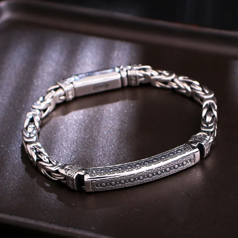 

S925 Sterling Silver Bracelet Fashion trendsetter Retro Thai Silver Dragon Bone Peace Pattern Woven Bracelet Simple Single Perso