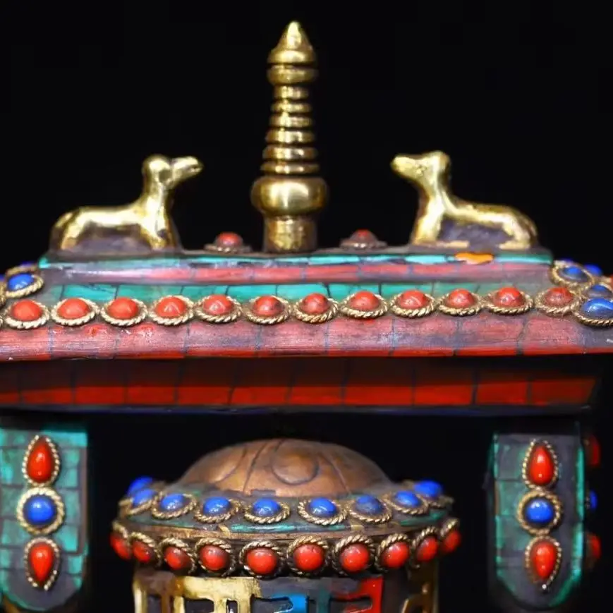 

5"Xizang Folk Old Bronze Mosaic Gem gZi Beads Turquoise Six Character Proverbs Prayer Wheel Old Scriptures