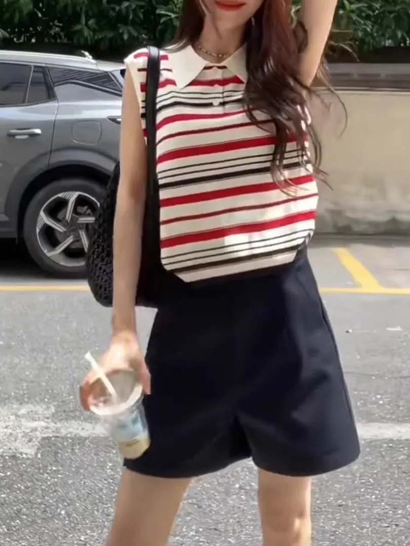 

Корейский вязаный жилет в полоску для женщин, летний, свободного кроя, больших размеров, стройнящий, комфортный, дышащий, повседневный.