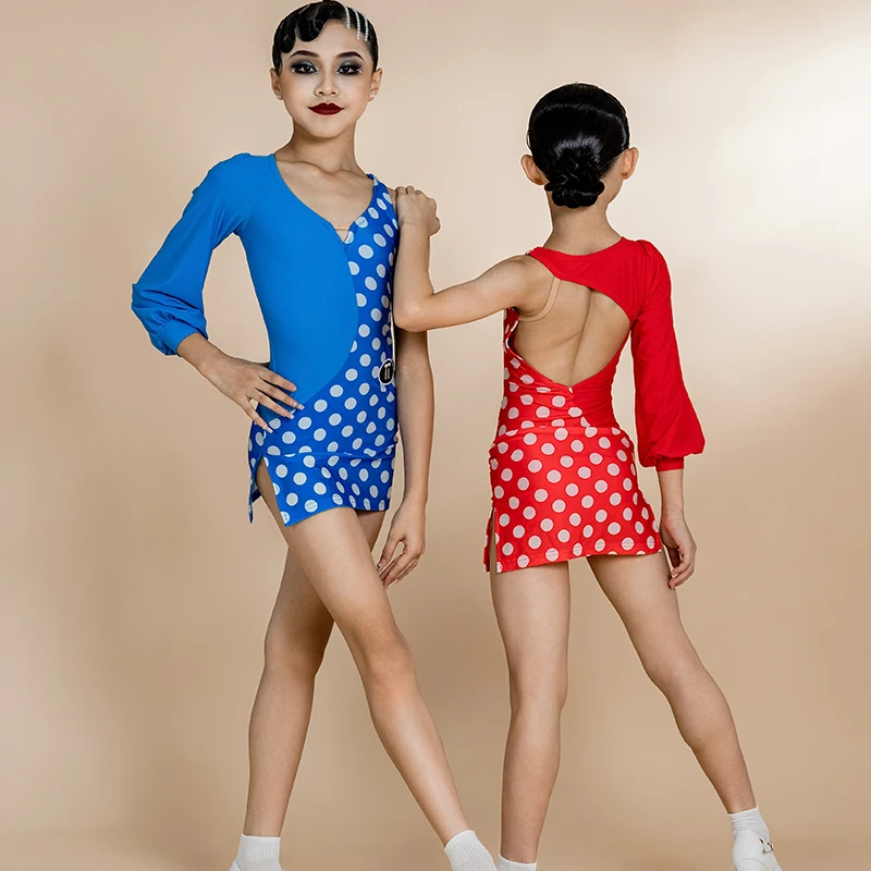 

New Latin Dance Dress For Girls Lantern Sleeve Polka Dot Patchwork Practice Clothes Chacha Rumba Tango Latin Costumes DN16550