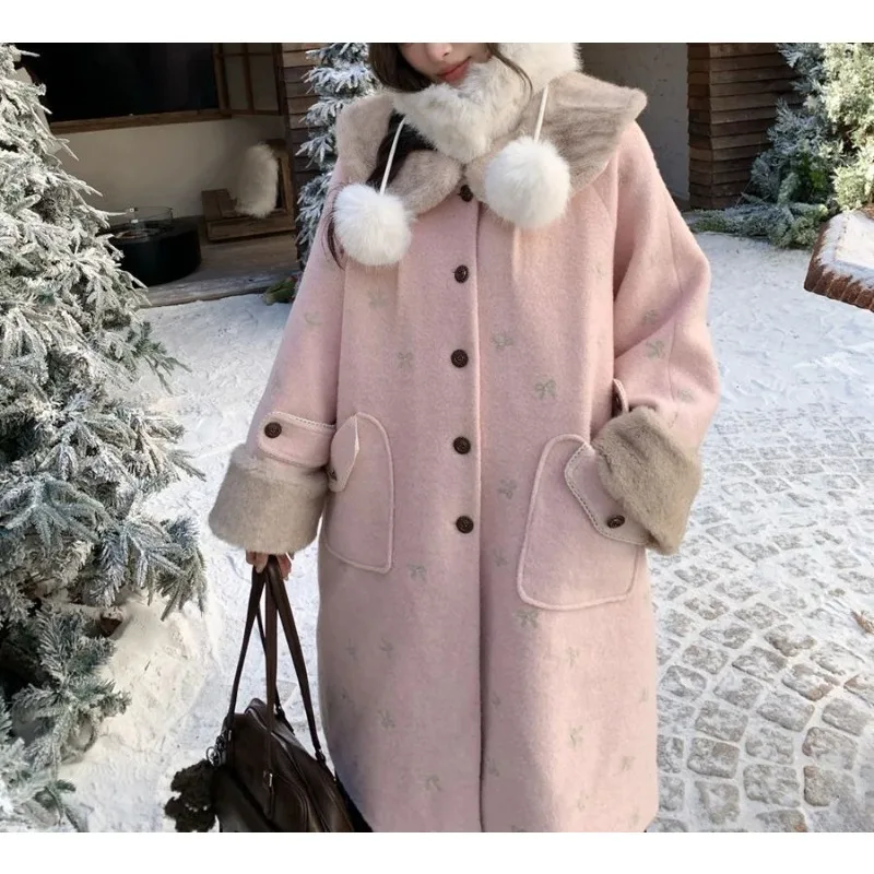 

Retro Preppy Style Bow Woolen Coat Design Sense Niche Sweet and Loose Mid-length Woolen Coat