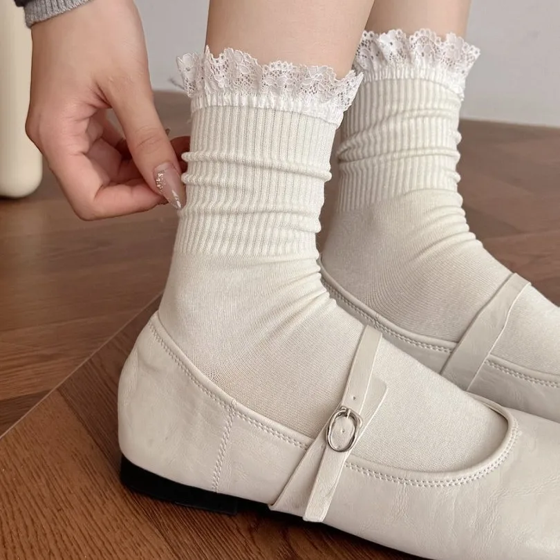 

Lolita Lace Frilly Socks Women Women Japanese JK Kawaii Cute Ruffle Socks Korean Solid Color Black White Gray Middle Tube Socks