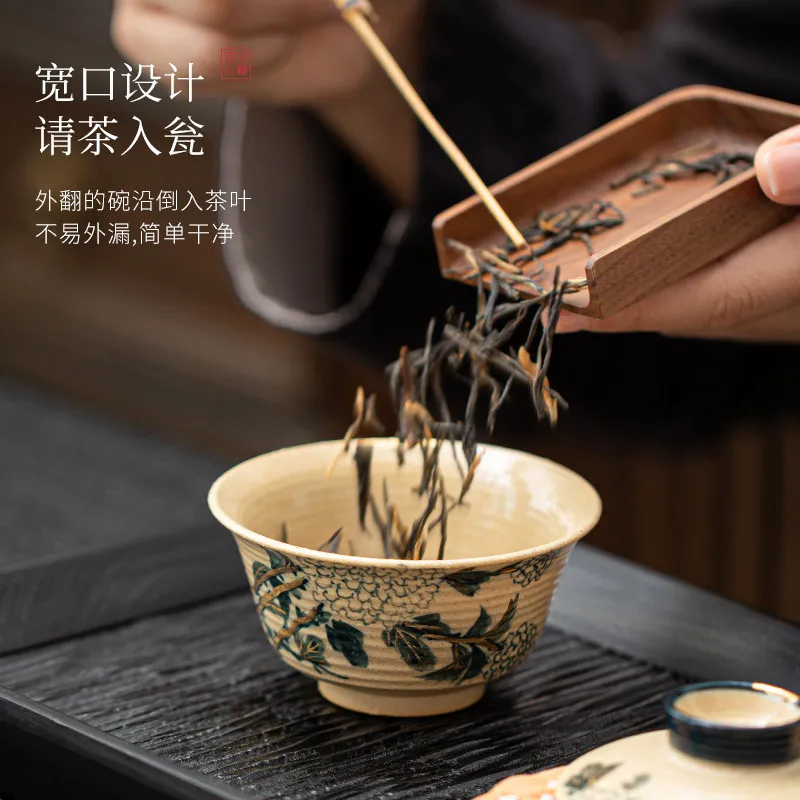Hand Painted Orchid Two Piece Gaiwan, Old Clay Lidded Tea Bowl and Gongfu Tea Brewer for Loose Leaf Tea and Daily Tea Rituals