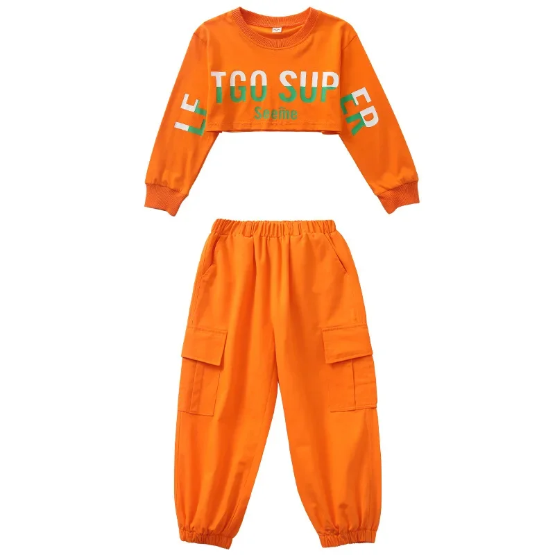 3-16 Years Kids Kpop Hip Hop Clothing Orange Crop Sweatshirt Joggers Pants Girls Jazz Dance Costume Children Streetwear Outfits