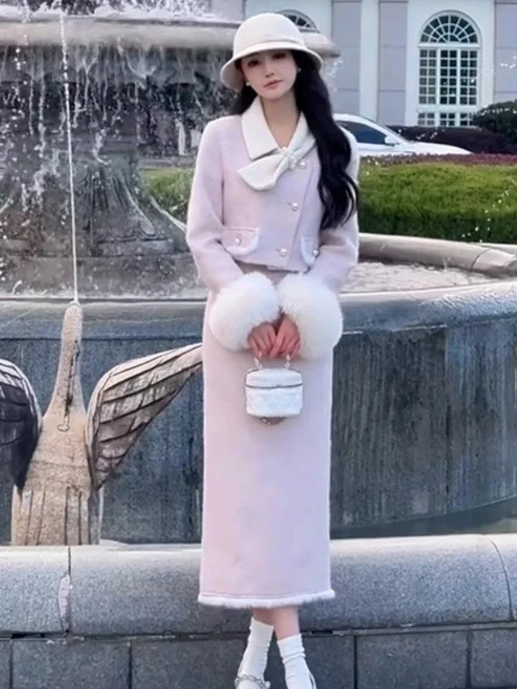 Elegant Pink Woolen Suit Autumn/Winter New Pearl Woolen Sleeve Splicing Short Coat+Split Long Skirt Slimming 2-Piece Set Women