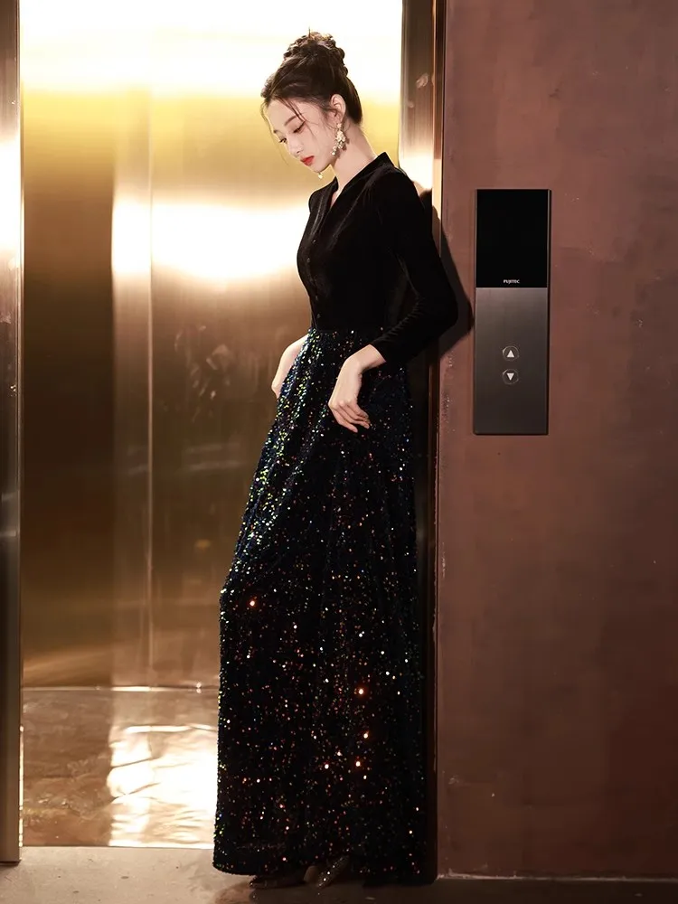 Customized Black Prom Dresses A-Line Sequin Dresses Woman Party Night Prom Dresses with Sleeves