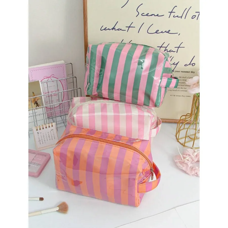 Fashion Striped Design Handheld Makeup Bag, Large Capacity Cosmetic Bag, Skincare Bag, Transparent New Striped Waterproof Desig