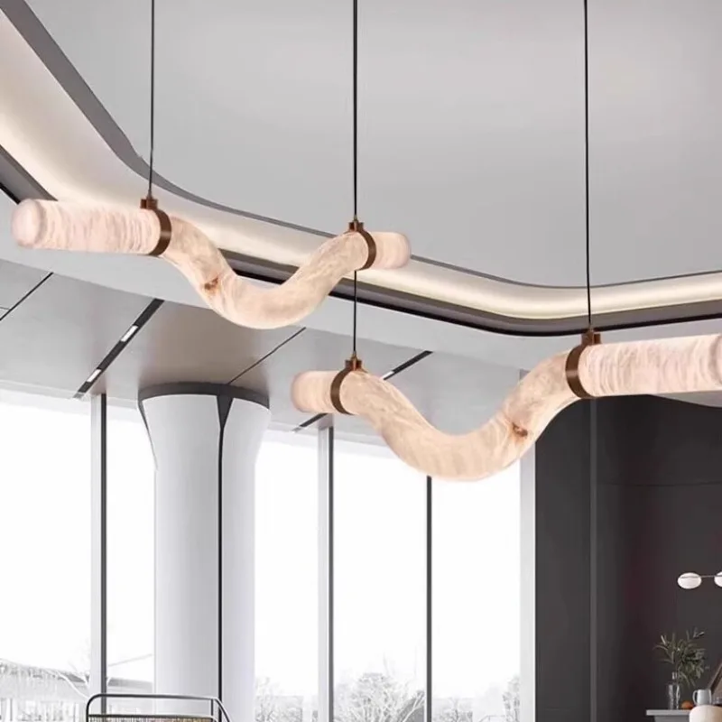Modern simple natural marble chandelier, designer creative light luxury villa restaurant bar lobby cylindrical strip lamp