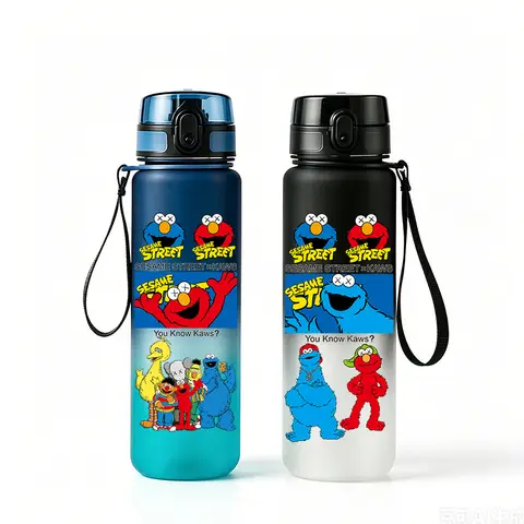 Kaws X Sesame Street Water Bottle 650ml BPA-Free Pop-Up Lid Sports Flask with Portable Lanyard Gradient Matte Leakproof Cup