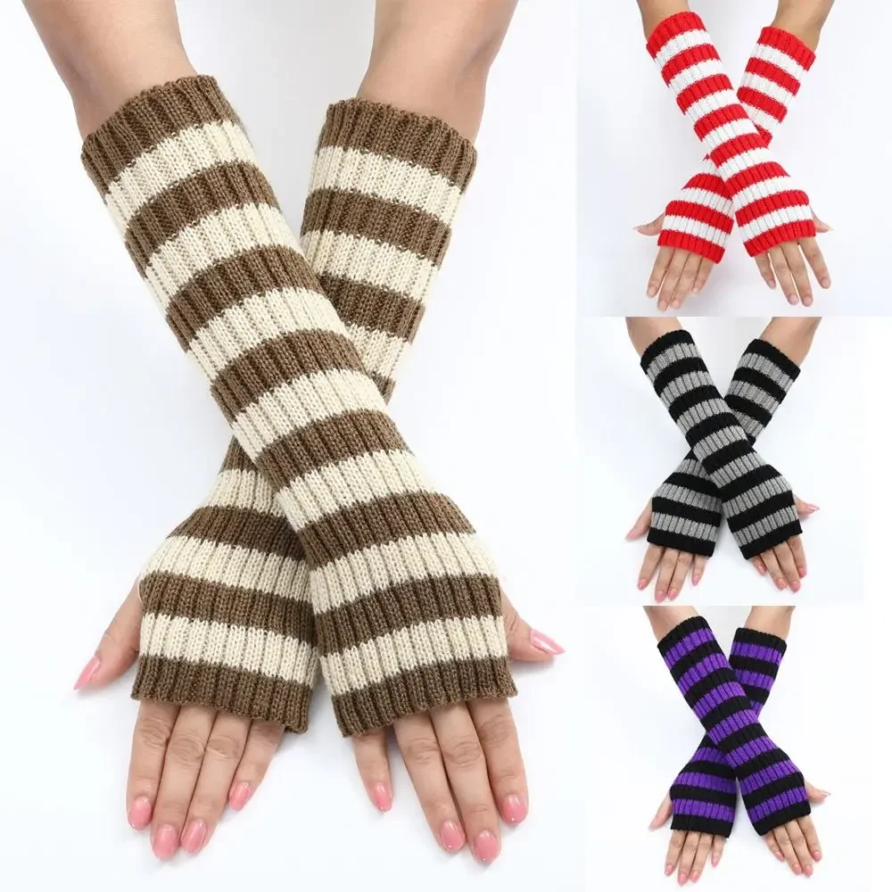 

30cm Knitted Arm Warm Gloves Goth Arm Warmers Half Finger Long Wrist Gloves False Sleeves Stripe Elbow Mittens Autumn Winter