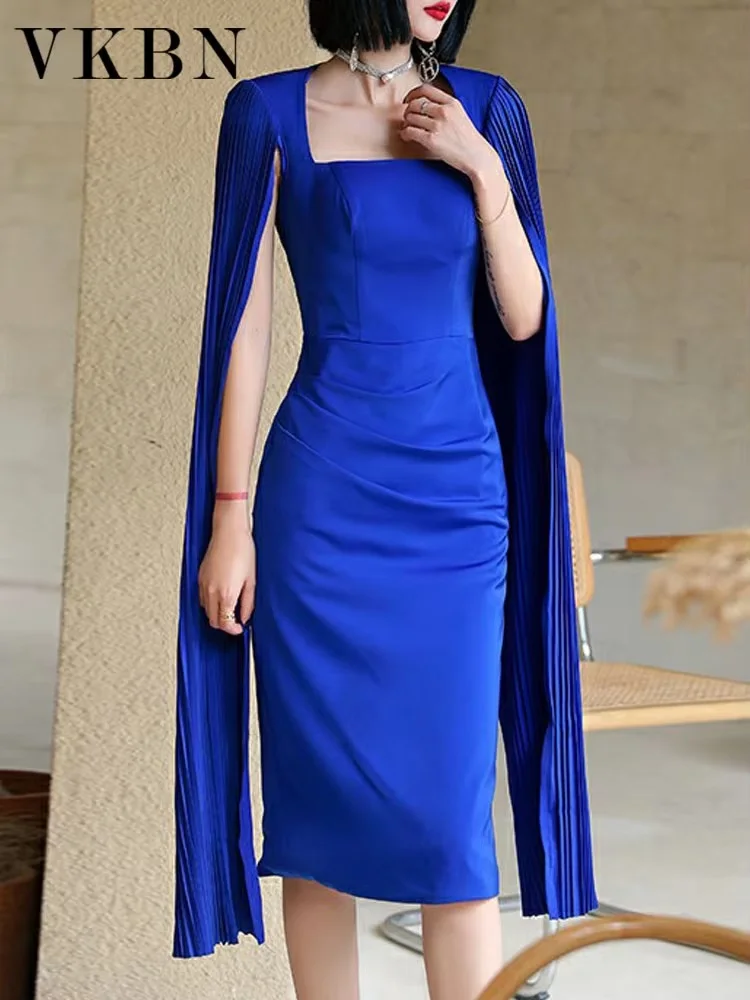 VKBN News Women's Summer Party Evening Dress Casual Square Collar Blue Banquet Wedding Gown for Females