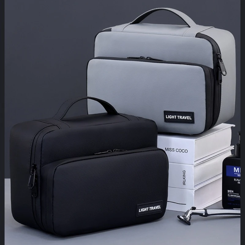 Portable Makeup Bag, Partitioned Travel Organizer with Mesh Pockets for Men Electric Shaver and Daily Toiletry Set Storage