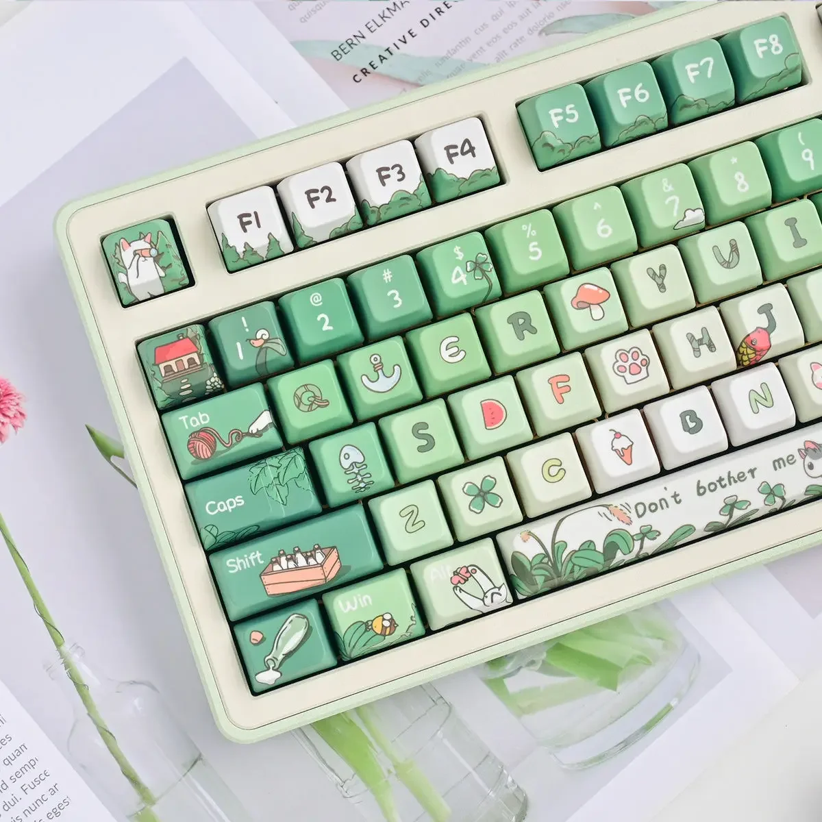 

134Keys Angry Cat Green Keycap PBT MDA Cherry Cute Girl Creative Hand-Painted Cartoon Mechanical Keyboard DIY Keycaps