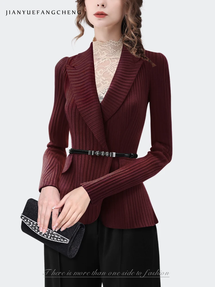 Fashion Lapel Collar Women Sweater With Belt Elegant Slim Striped Knitted Tops Long Sleeve V-neck Warm Thicken Wool Cardigans