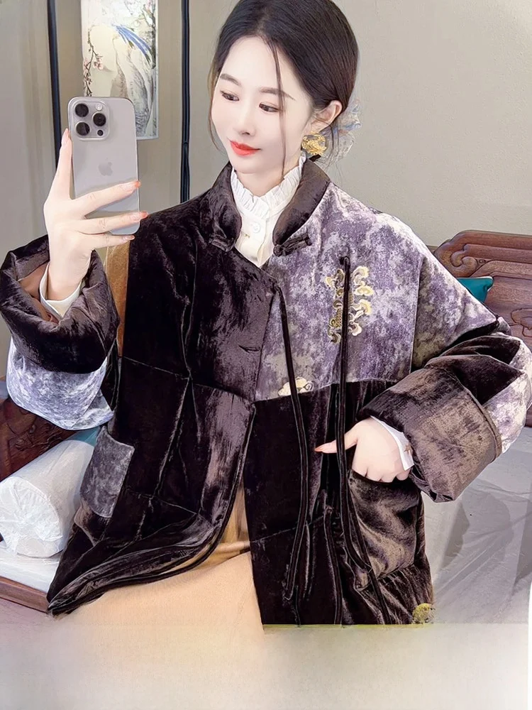 

Silk Velvet Goose down Jaet Women's New Chinese Sle Winter Coat Fluffy Warm Long Sve High Waist Outerwear