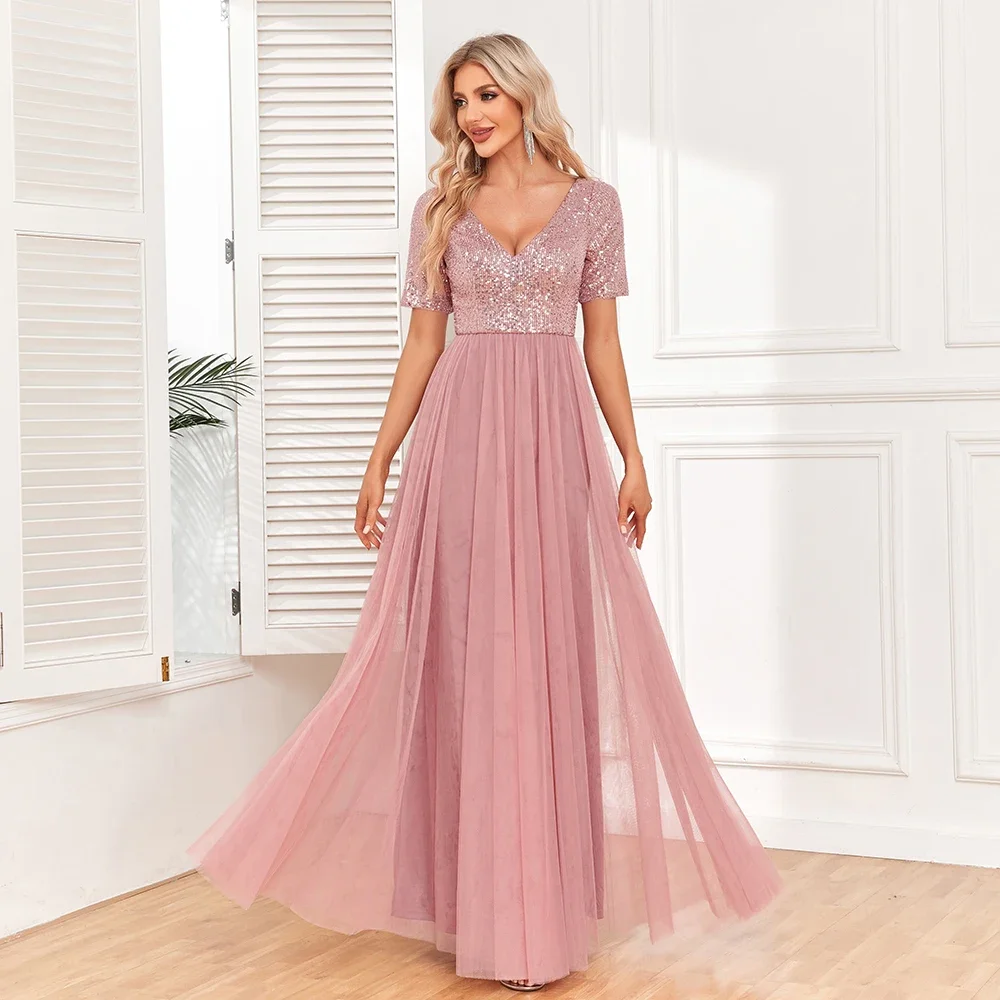 Women Elegant V-neck A-Line Tulle Evening Dress Floor Length Formal Prom Party Gown Sequins Short Sleeves Birthday Dress