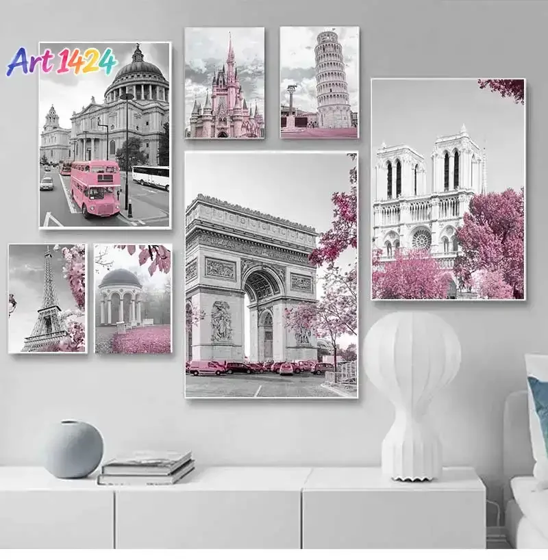 1pc frameless canvas Nordic canvas painting for room decoration, posters and prints, Paris, flower, France, city, building, c