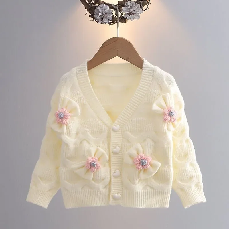 

Baby Girl Princess Flower Bow Knitted Cardigan Infant Toddler Child Sweater Outfit Baby Knitwear Coat Clothes 1-5Y