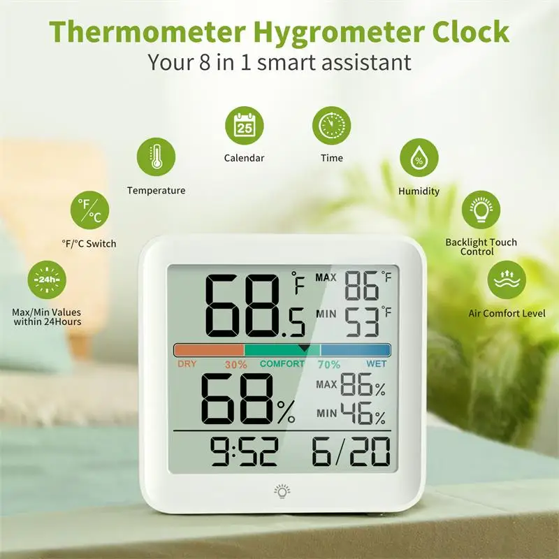 8 in 1 Digital Thermometer Hygrometer Clock Indoor Temperature Humidity Monitor with Backlight ℃/℉ Calendar Desk Weather Station