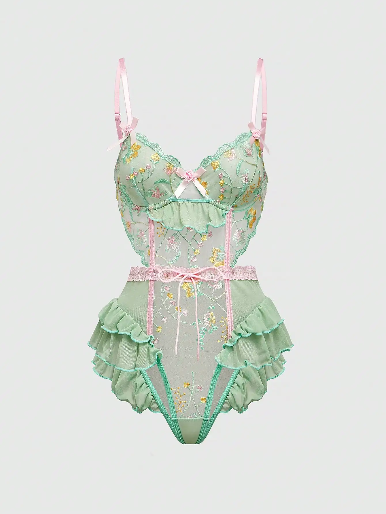 

Mint Green Floral Embroidered Ruffle Bodysuit with Bowknot Detail