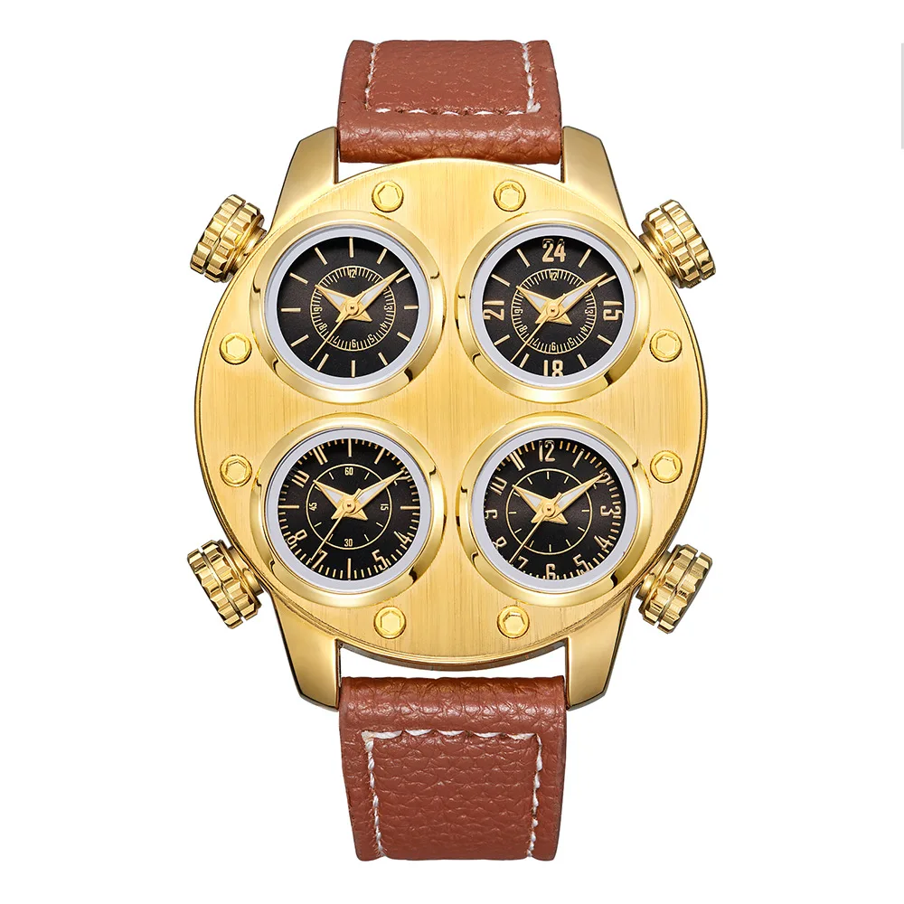 OULM Brand New Men's Big Watch Four Time Zone Punk Quartz Leather Watch Foreign Trade Individual Fashion Style Drop Shipping