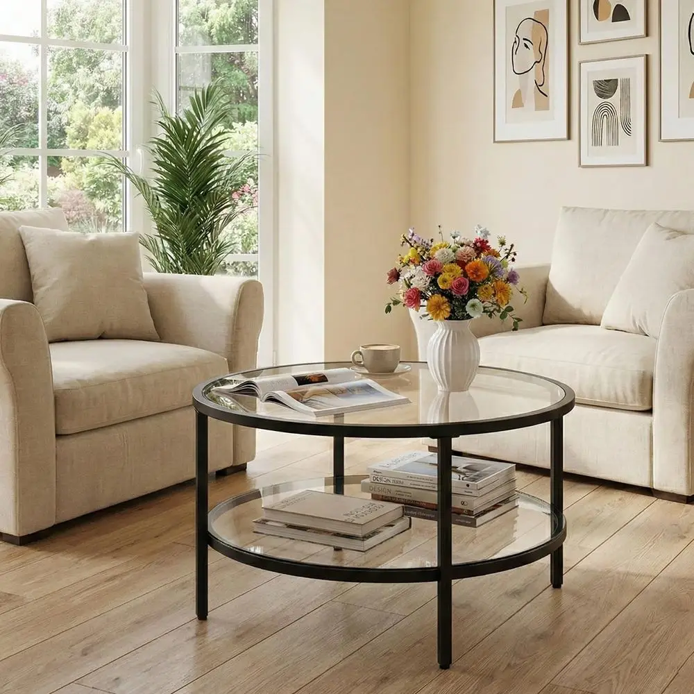 

Round 2-Tier Black Glass and Metal Coffee Table with Lower Shelf, Living Room Accent Furniture, 29.5 Diameter x 16.5 Height