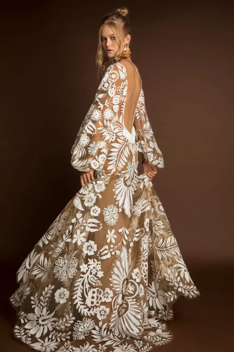 Robe en maille brodée en V profond pour femmes, manches à bulles, dos ouvert, nouvelle collection 2020