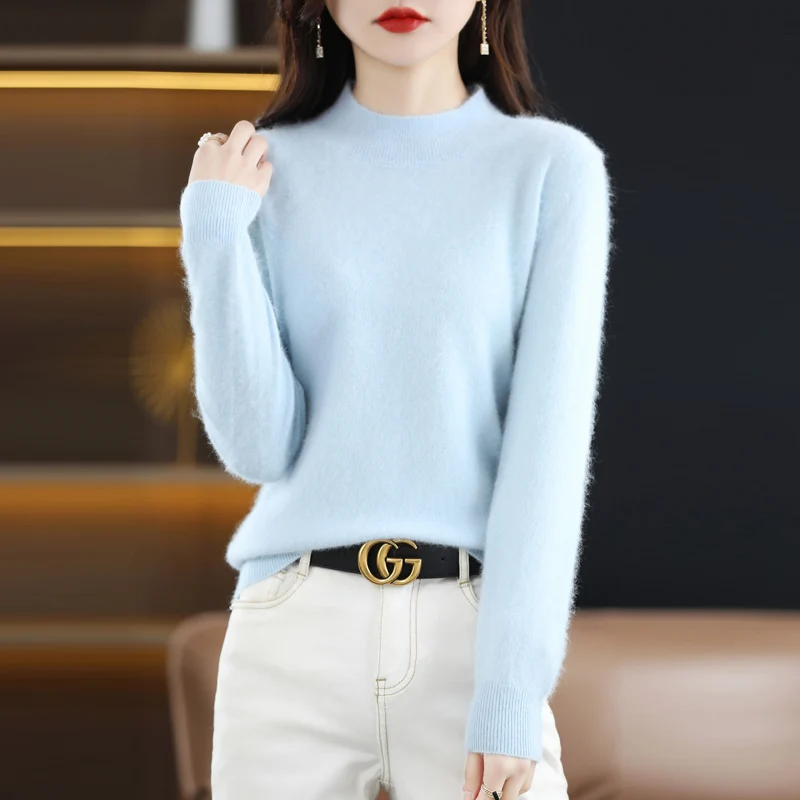 2024 Women\'s Sweater Hoodie Pure Mink Cashmere Knitted Half High Neck Long Sleeve Winter Warm New Style Solid Color High Fashion