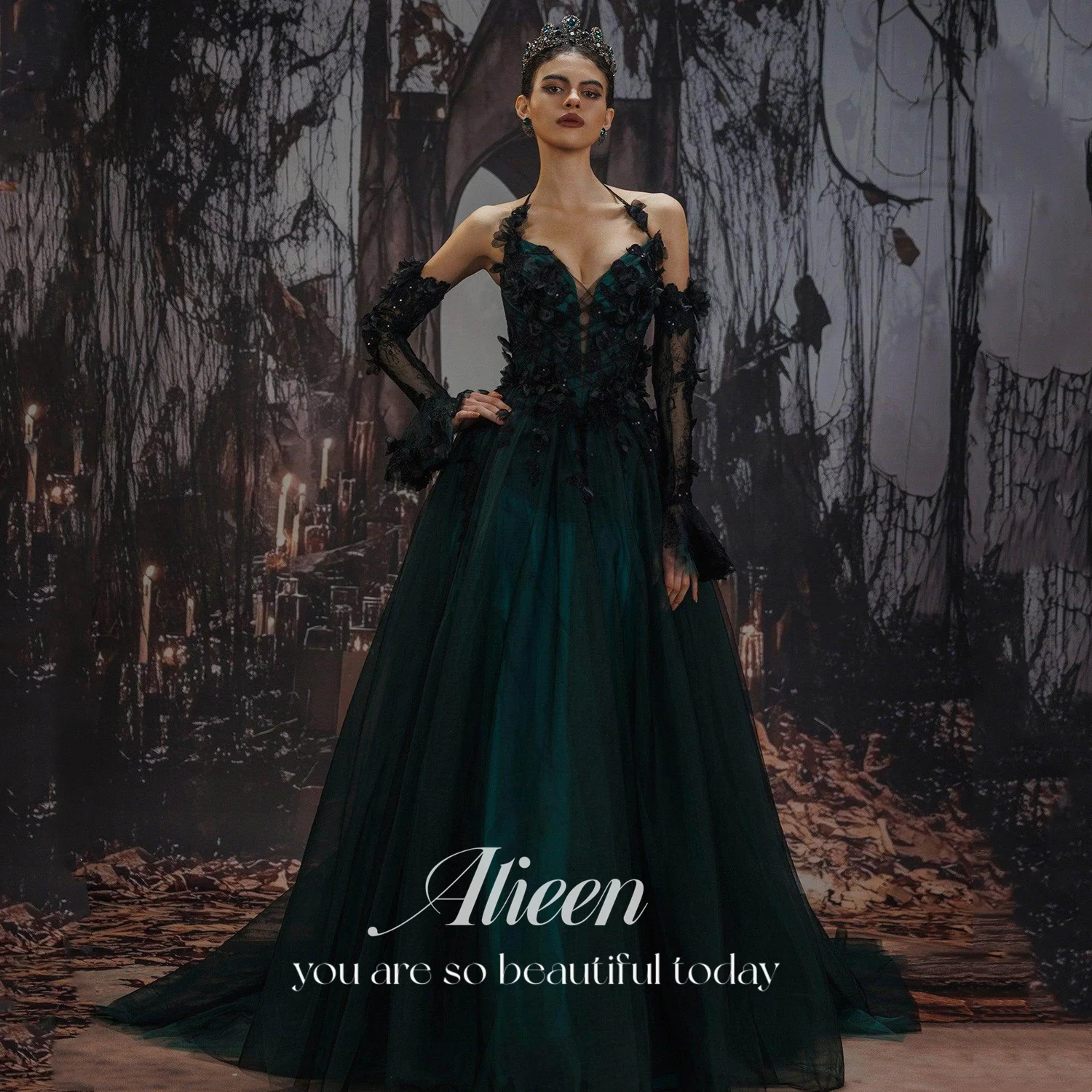 

Aileen 3D Flowers Guest Wedding Evening Dresses 2025 Роскошное женское вечернее платье Green Vestidos De Festa по индивидуальному заказу فساتين سهرة