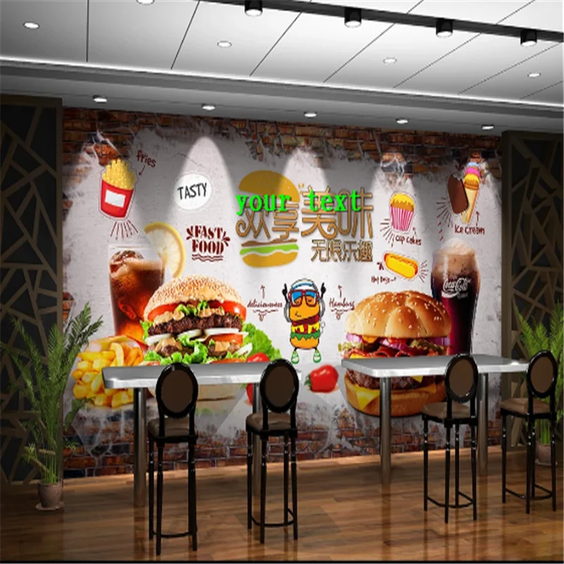 

Custom Burgers Western Fast Food Restaurant Background Hot Dog Wall Mural Wallpaper 3D Snack Bar Hamburger pizza Wall Paper 3D