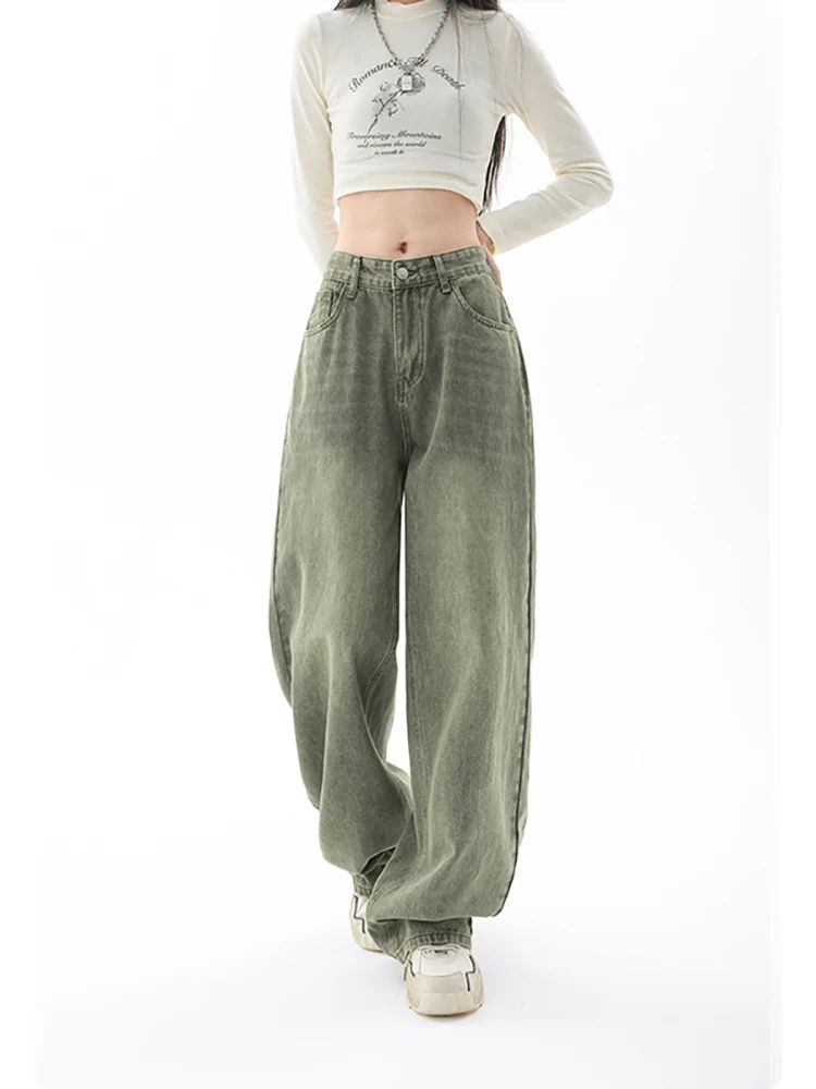 Green Women Jeans High Waist Loose Straight Leg Femme Jean Fashion Y2k Casual Streetwear Female Pants Baggy Trouser