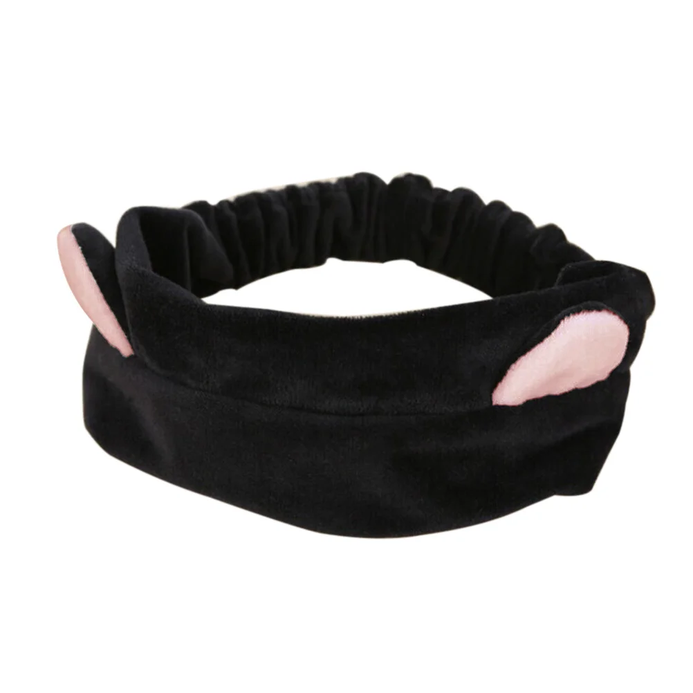 Katzenohren-Stirnband, schwarz, 46 cm, elastisches Tuch, Stoffdurchmesser 15 cm, süßes Damenband zum Waschen des Gesichts, Make-up, Schlaf