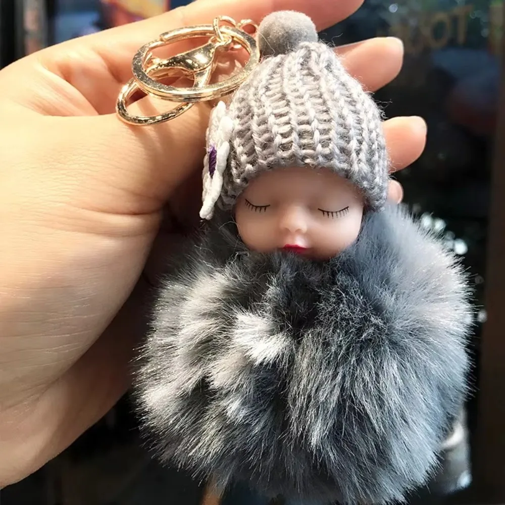 Niedlicher Pompom schlafender Baby-Schlüsselanhänger, Fellknäuel, flauschige Plüschpuppe, Schlüsselanhänger, Geschenktüte, Anhänger für Frauen und Mädchen