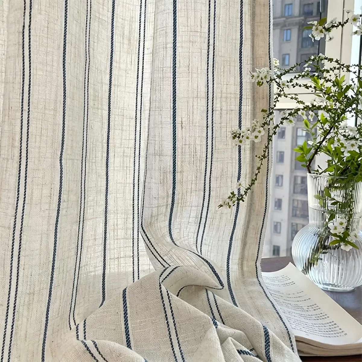 1pc Japanese Minimalist Linen Stripe Transparent Curtain, Living Room and Bedroom Semi-Transparent Curtain, Vertical Stripes, Ro