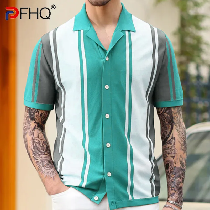 

PFHQ New Men's Summer Clothing Stitching Contrast Color Sweater Lapel Business Shirt 2024 Male Tops Korea Fashion 21Z5528