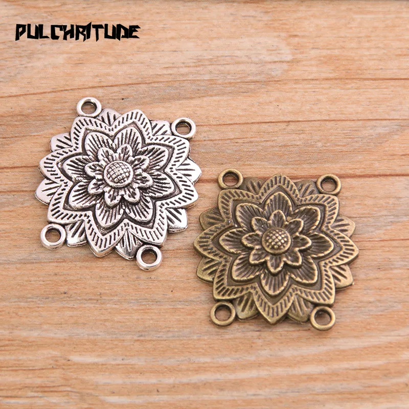PULCHRITUDE 8pcs 27*28mm Retro Two Color Zinc Alloy Flower Pendants Connectors Linker For DIY Charm Jewelry Accessorie
