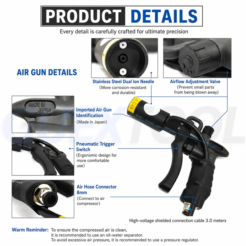 Anti Static Ion Air Gun 220V/110V Ionizing Air Gun Anti Static Air Gun Industrial Static Eliminator Dust Removal Blow Gun