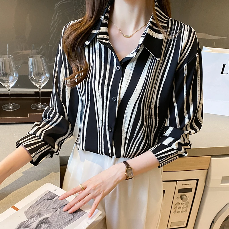 Women Spring Simplicity Loose Temperament Striped Chiffon Polo-Neck Long Sleeve Shirts Women Clothes Casual All-match Trend Tops