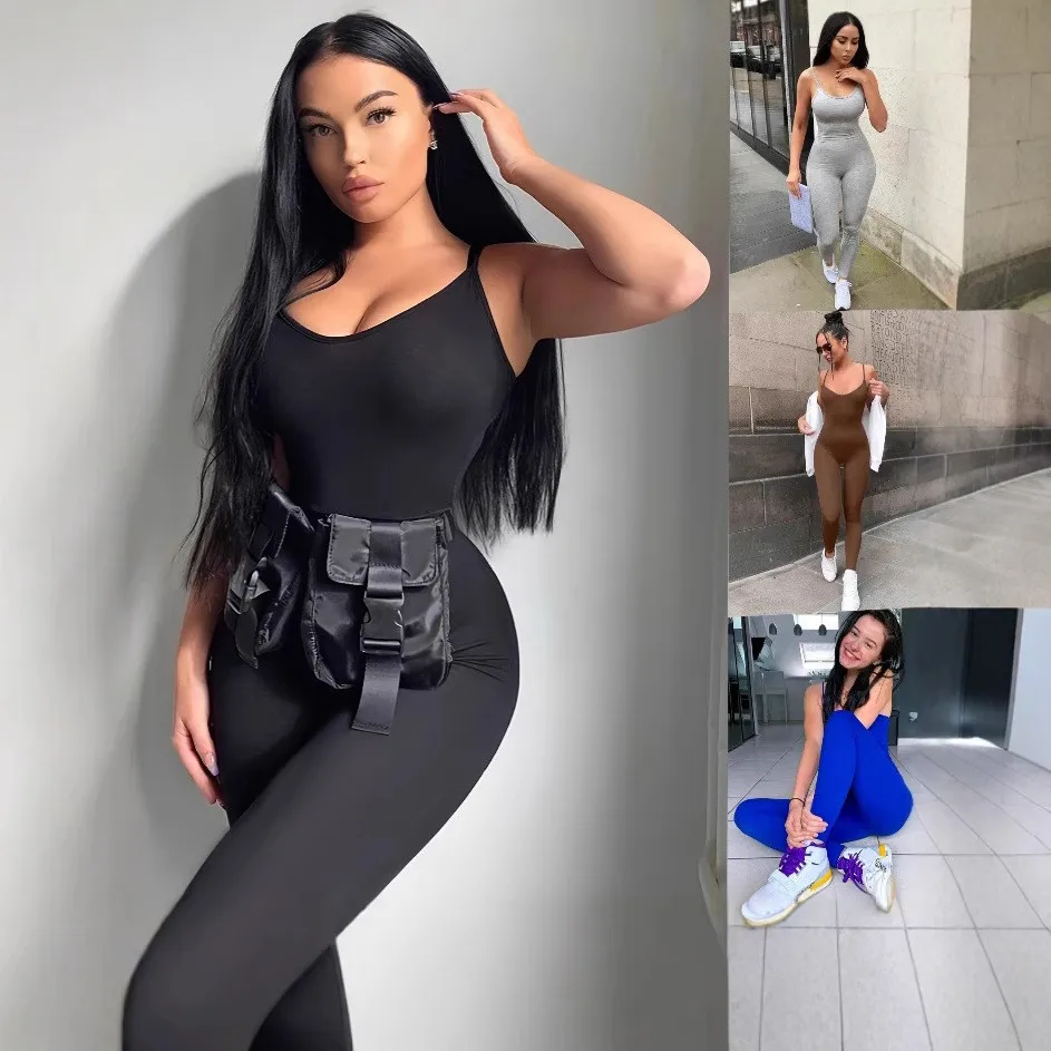 

Women's Jumpsuit Sleeveless High Waist Jumpsuits Slim Fit Spaghetti Strap Romper Sporty Woman Full Length Black Long Romper