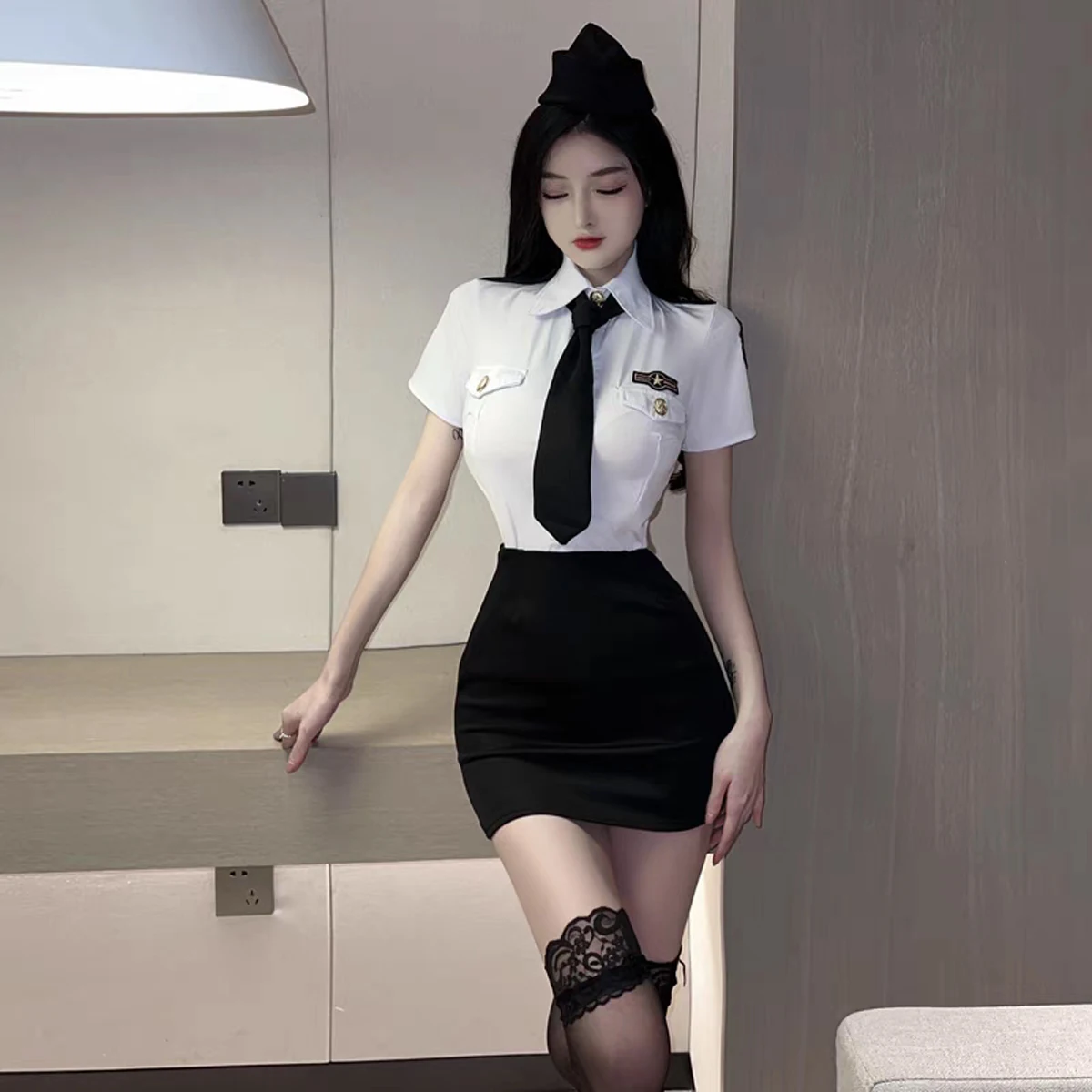 Gege Nightclub Secretary Sexy Uniform Role Play Short sleeve White Shirt Tight Sheath Short dress Set Fashion