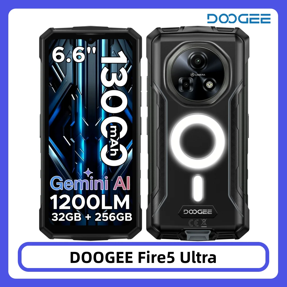 DOOGEE Fire 5 Ultra Rugged Phone 32GB 256GB 13000mAh Battery Helio G81 6.6'' 48MP Camera Camping Light NFC Android 15 Smartphone