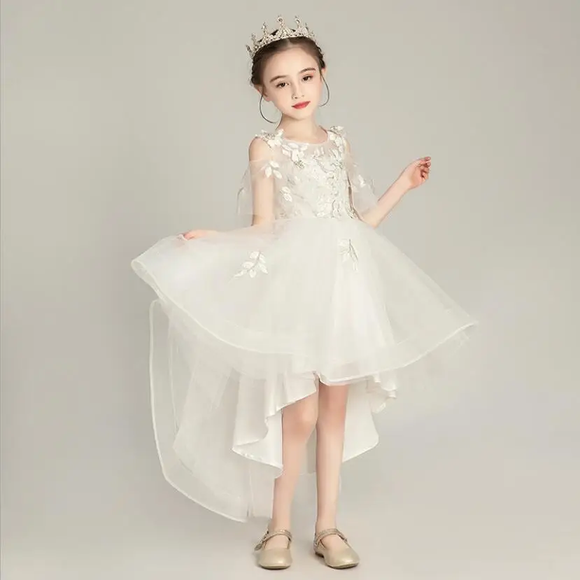 Floral Tulle Girls Princess Dresses White Off Shoulder Flower Girl Dresses for Weddings Long Kids Party First Communion Gowns