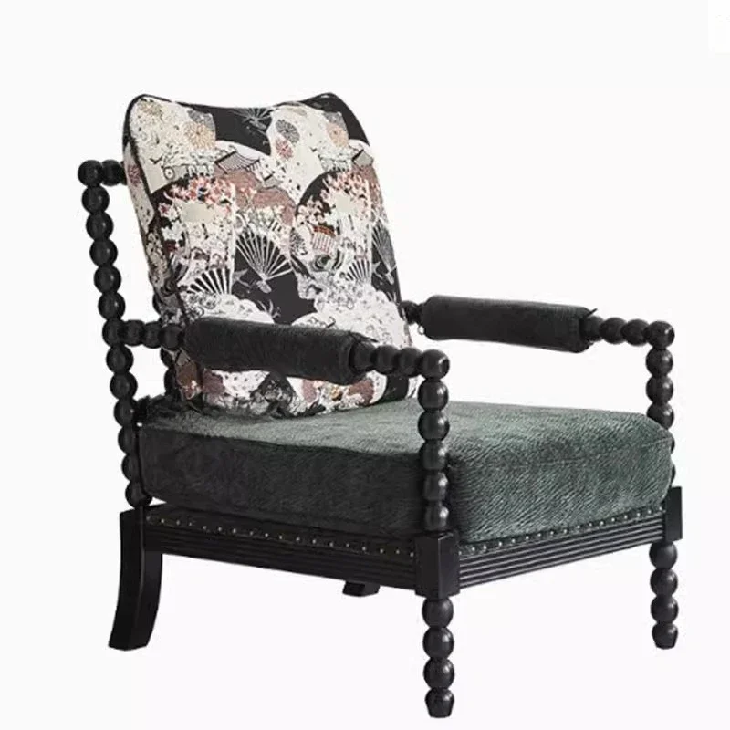 

French retro single sofa chair, living room American solid wood leisure chair, home balcony pearl chair lazy recliner