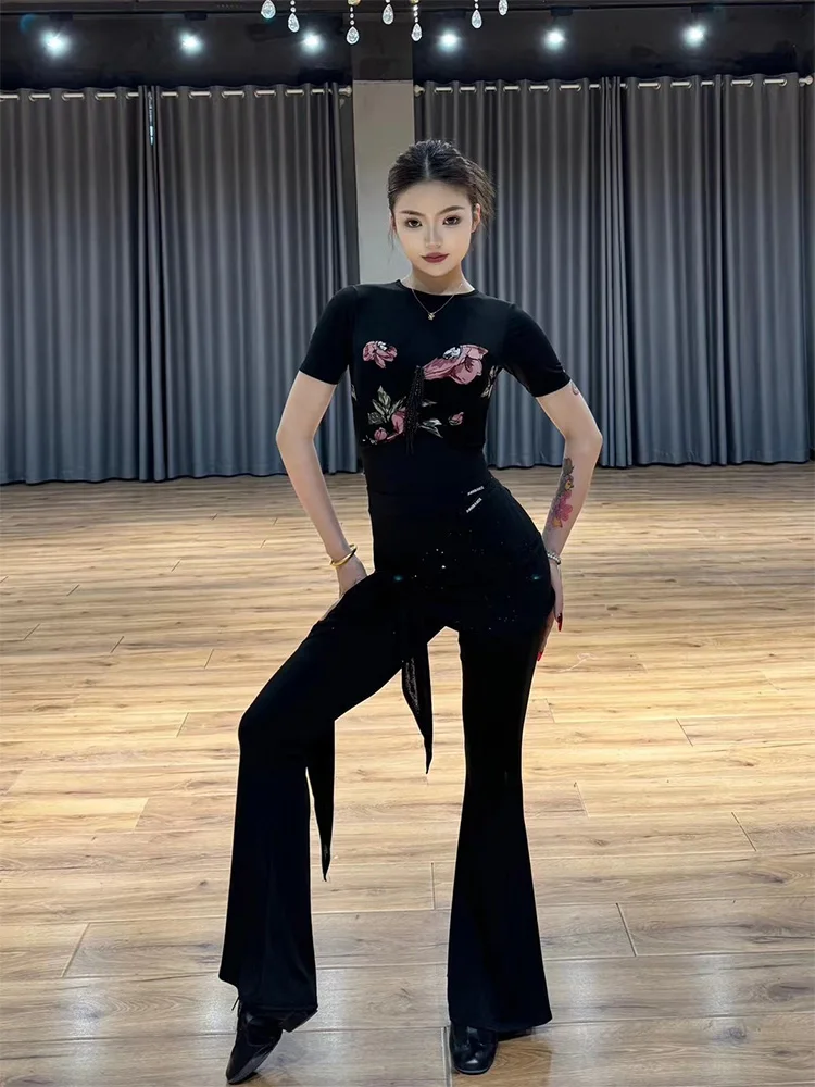 Latin Dance High Waist Pants Women's Dancer Black Flared Trousers With One Piece Hip towel Set Samba Training Clothes VBH1023