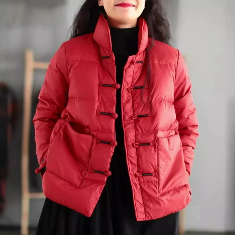 Chinese Style Autumn Winter Women Vintage Buckle Down Coat Warm Light White Duck Down Jacket Parkas Female Short Puffer Outwears