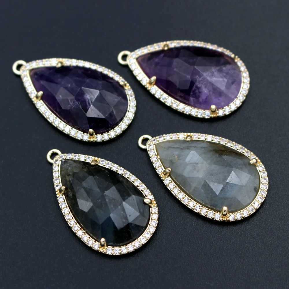 

6pcs Faceted Natural Stone Water Drops Pendants Labradorite Amethyst Stone CZ Paved Charms For DIY Handcrafts Earrings Jewelry