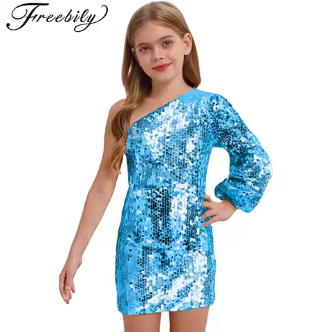 Girls One Shoulder Dress Single Long Sleeve Shiny Sequin Dress for Elegant Princess Pageant Wedding Evening Birthday Party Gowns