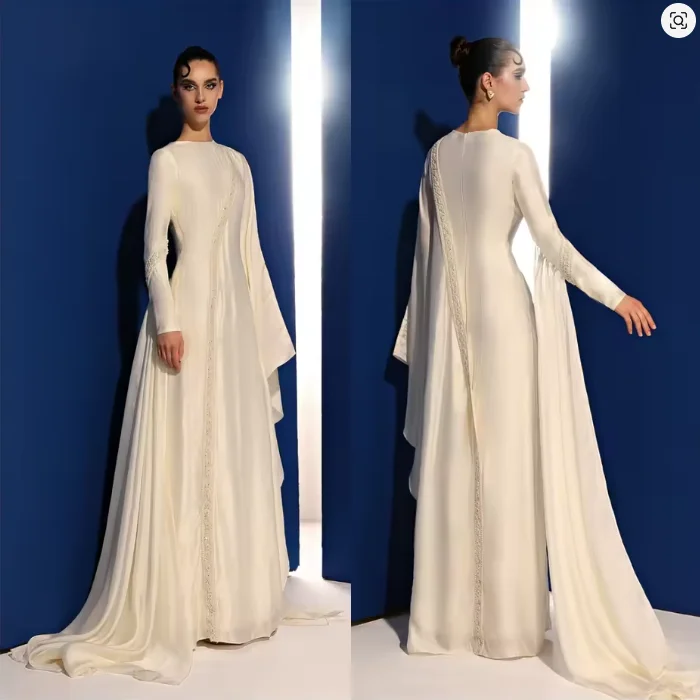 Vestido de noche de gasa blanca, cuello redondo, manga larga, vestidos para ocasiones de graduación a medida, traje de novia exquisito con cuentas personalizado