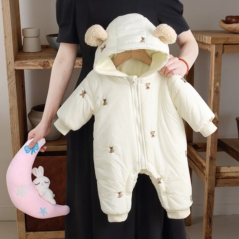 

Комбинезоны для мальчиков и девочек на подкладке с бархатным рисунком медведя, боди с капюшоном для детей 1-2 лет, новые зимние толстые теплые боди